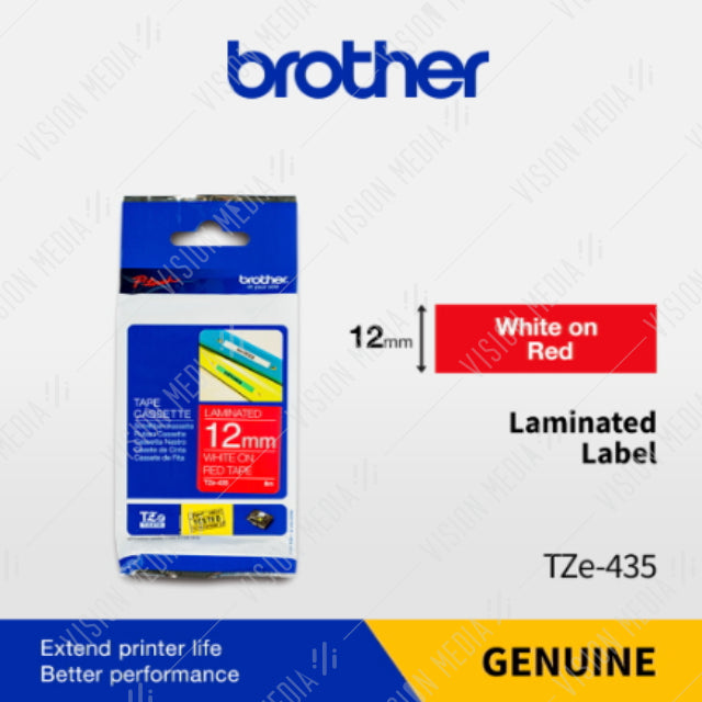 BROTHER WHITE ON RED TZE TAPE 12MM (TZE-435)