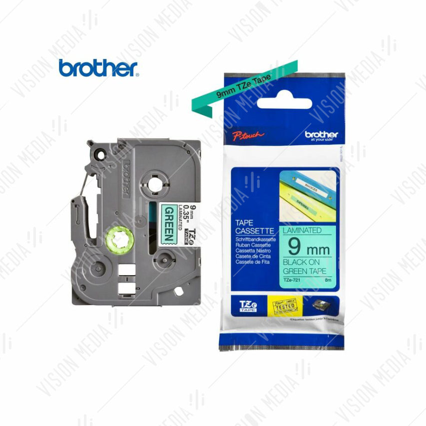 BROTHER BLACK ON GREEN TZE TAPE 9MM (TZE-721)