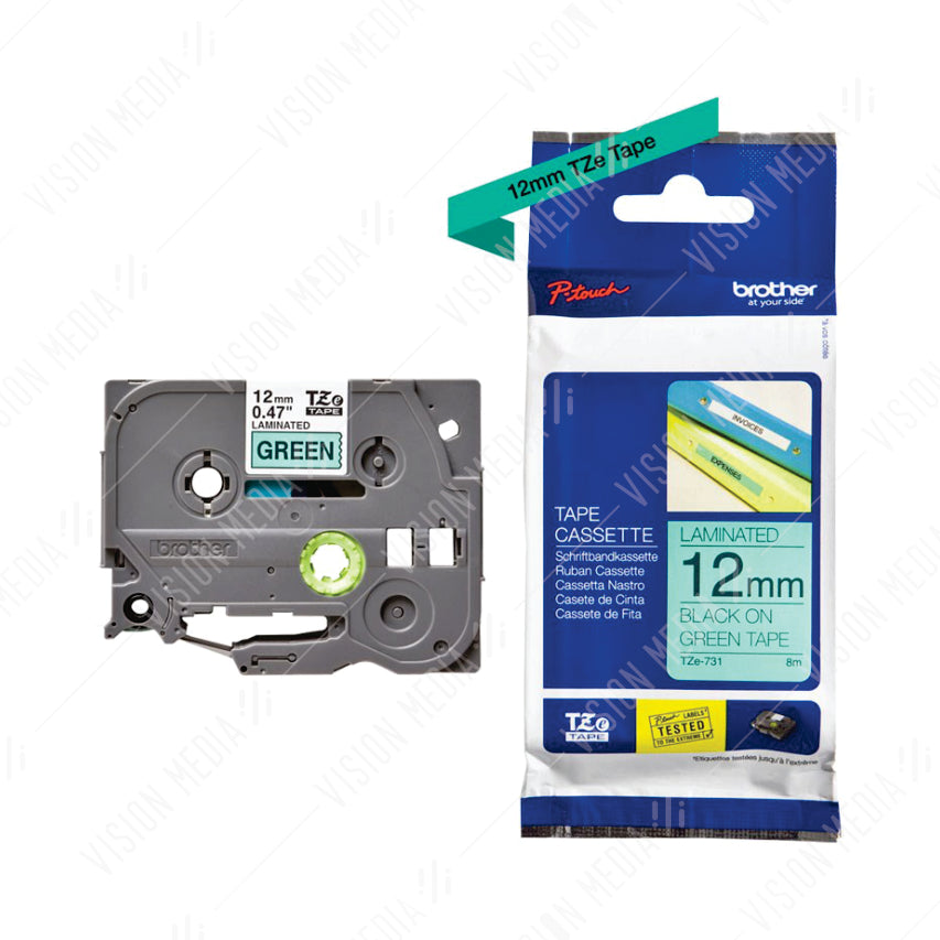 BROTHER BLACK ON GREEN TZE TAPE 12MM (TZE-731)