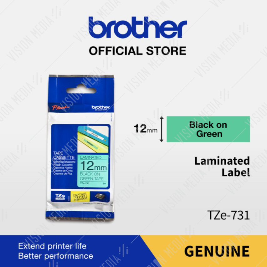 BROTHER BLACK ON GREEN TZE TAPE 12MM (TZE-731)