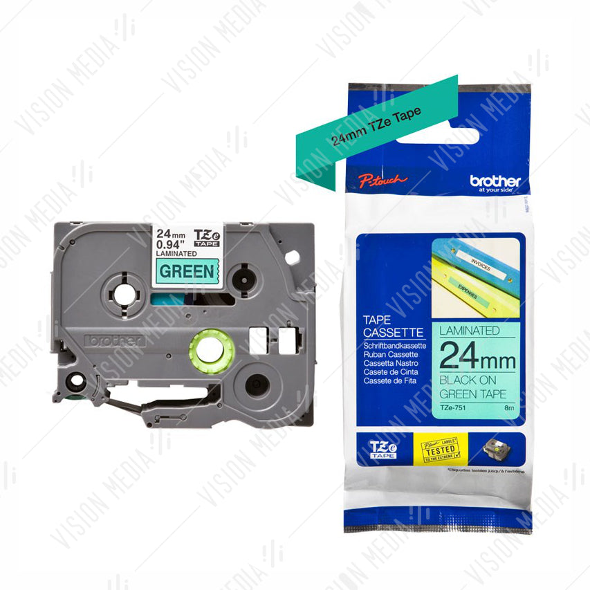 BROTHER BLACK ON GREEN TZE TAPE 24MM (TZE-751)