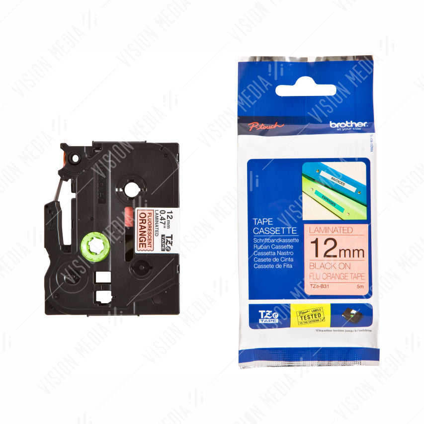 BROTHER BLACK ON FLUORESCENT ORANGE TZE TAPE 12MM (TZE-B31)