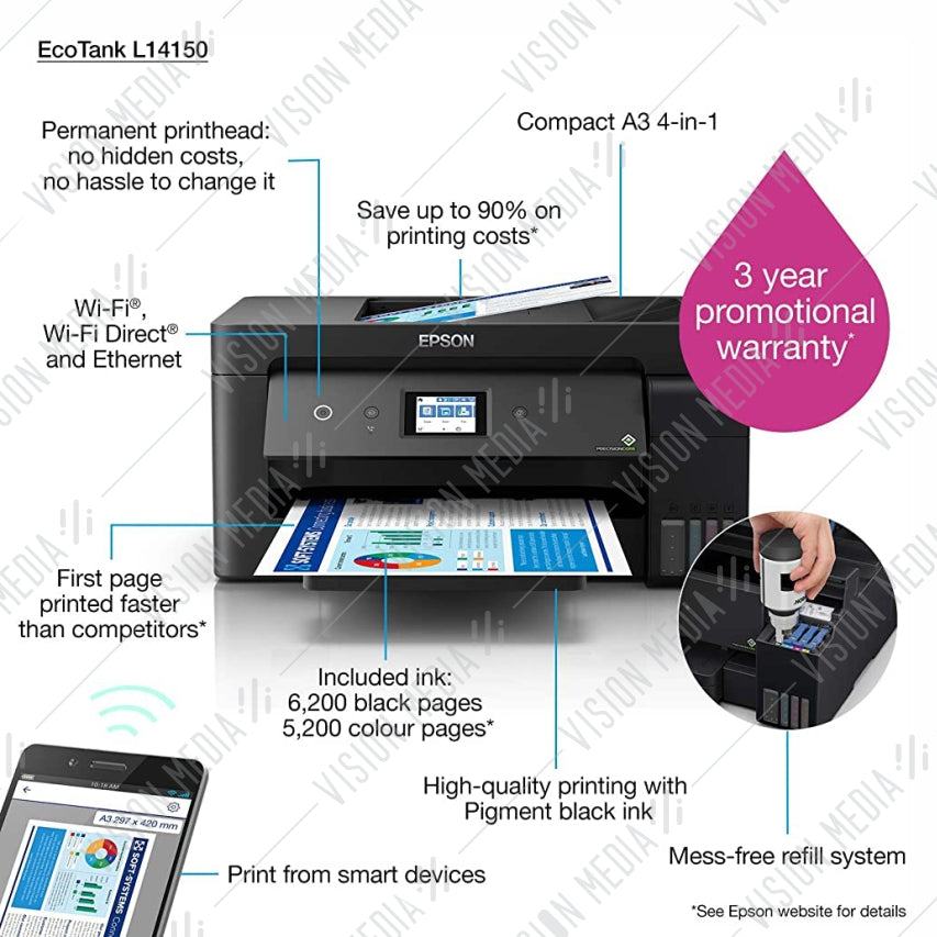 EPSON ECOTANK A3+ WI-FI DUPLEX WIDE-FORMAT ALL-IN-ONE INK TANK PRINTER (L14150)