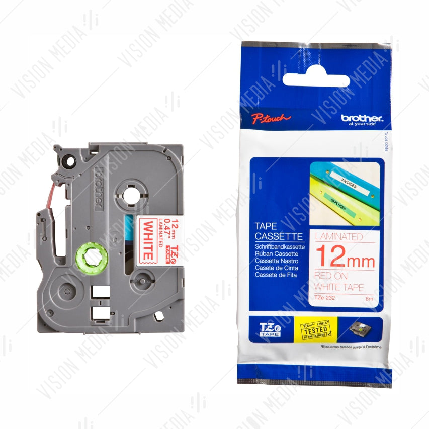 BROTHER RED ON WHITE TZE TAPE 12MM (TZE-232)