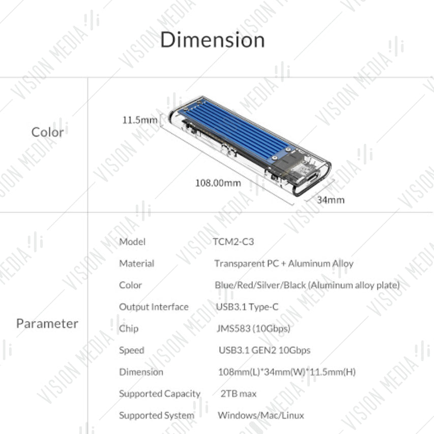 ORICO NVME M.2 SSD ENCLOSURE WITH HEATSINK (TCM2-C3)