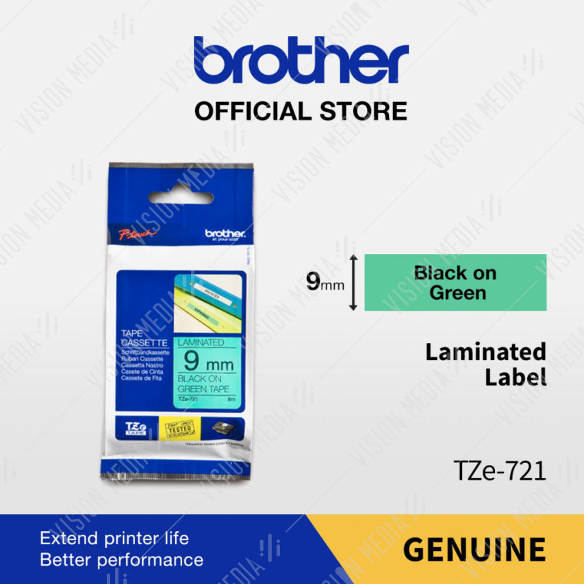 BROTHER BLACK ON GREEN TZE TAPE 9MM (TZE-721)
