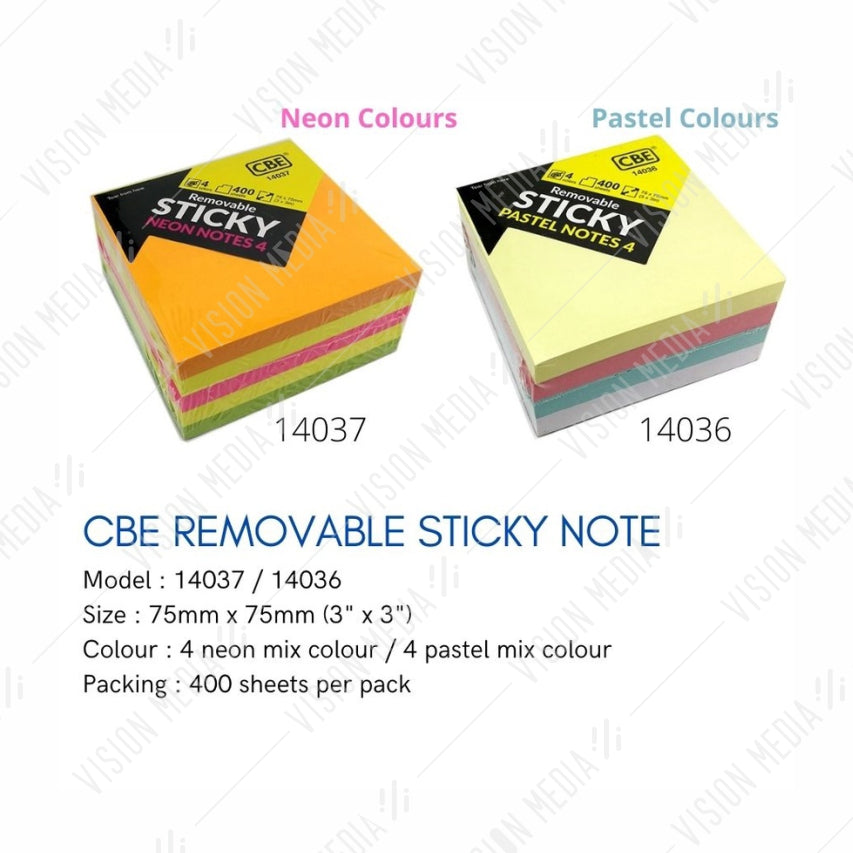 CBE NEON 4 COLOURS STICK ON NOTES 75MM X 75MM (14037)