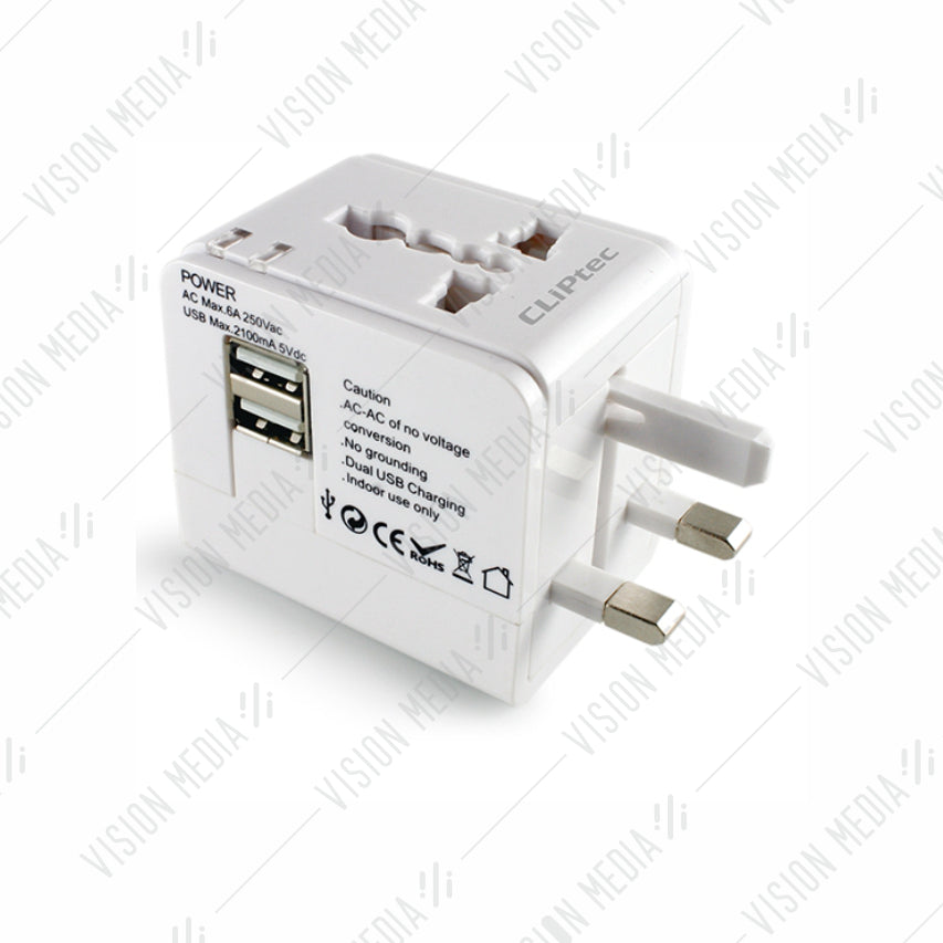 CLIPTEC UNIVERSAL TRAVELLING ADAPTER WITH 2 USB (GZJ171)