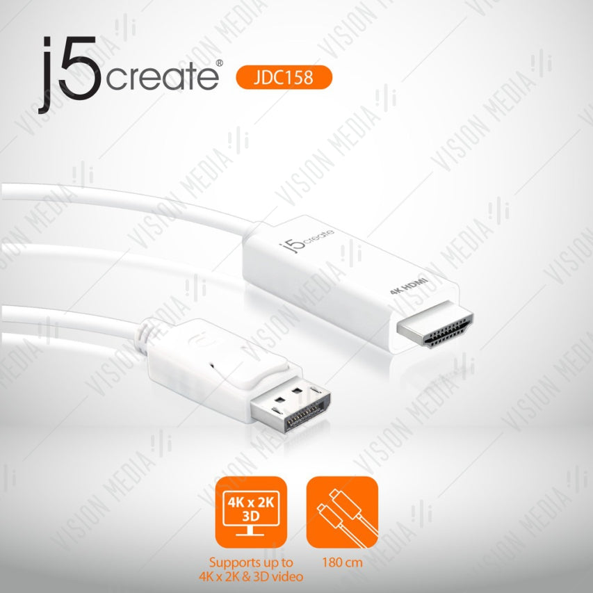 J5 DISPLAYPORT TO 4K HDMI CABLE 1.8M (JDC158)