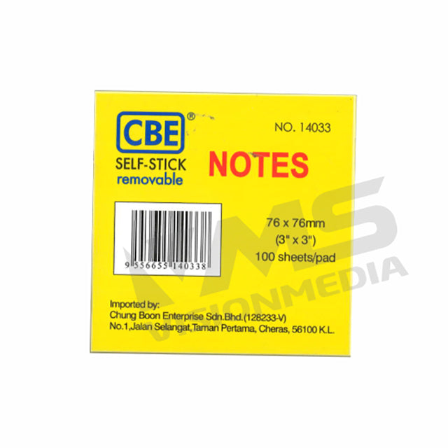 CBE STICK ON NOTES 76MM X 76MM(3" X 3") (100 PCS) (14033)