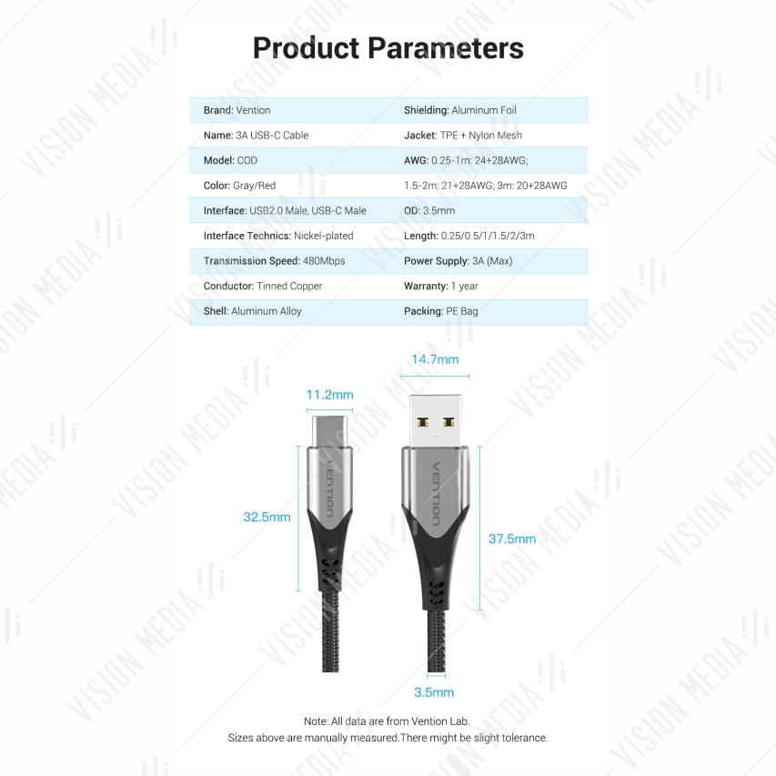 VENTION USB TYPE A TO TYPE-C 5A CHARGING CABLE